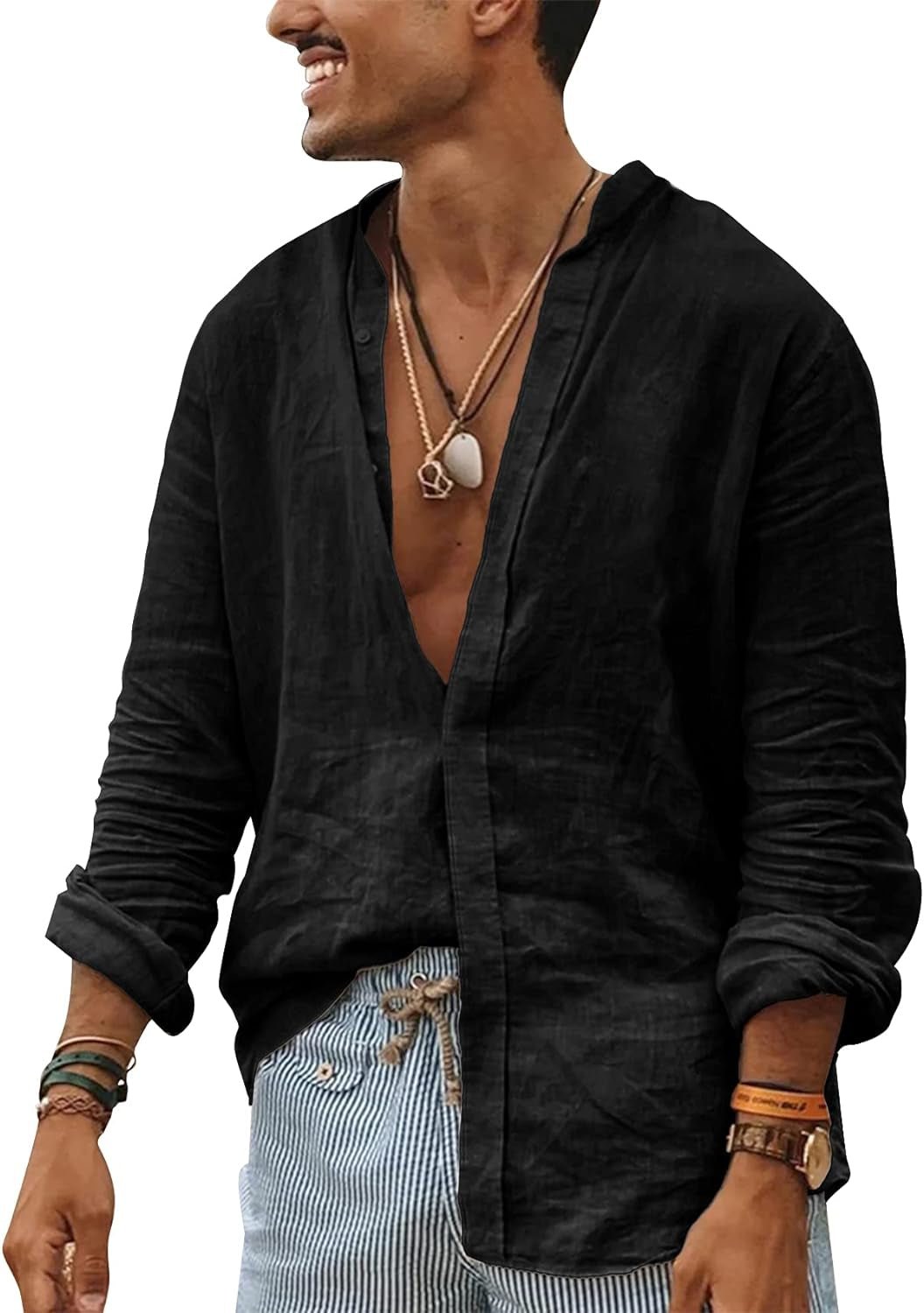 Mens Button up Shirts Linen Beach Long Sleeve Casual Cotton Summer Lightweight Tops