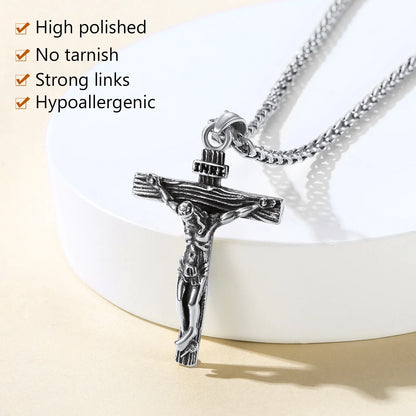 Men Cross Necklace Stainless Steel INRI Crucifix Pendant Necklace Jesus Piece Religious Praying Jewelry for Christian Dad Father'S Day Gift