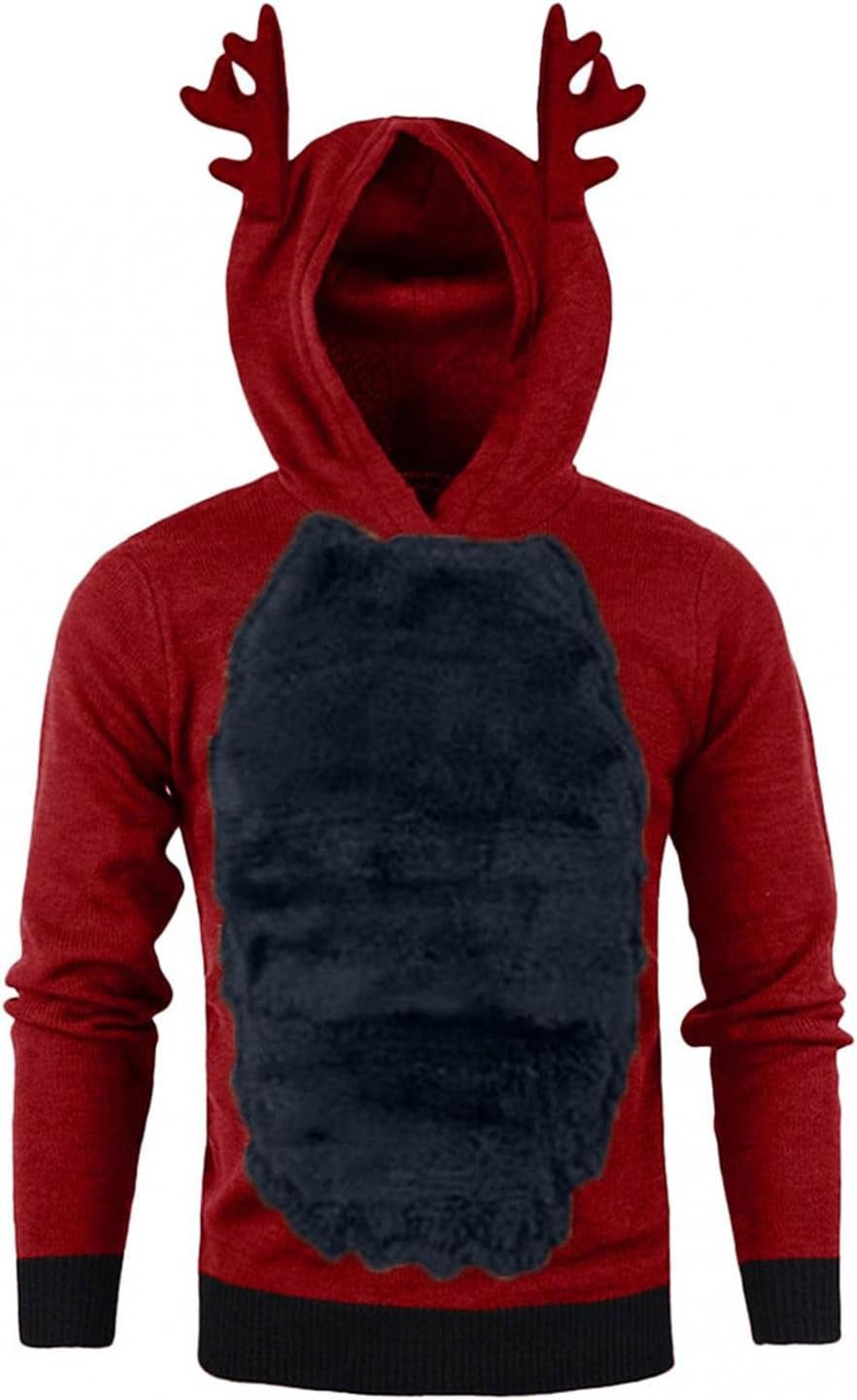 Hoodies for Mens Christmas Winter Ugly Mens Hoodies Reindeer Feather Stitching Hooded Hoodies Tops