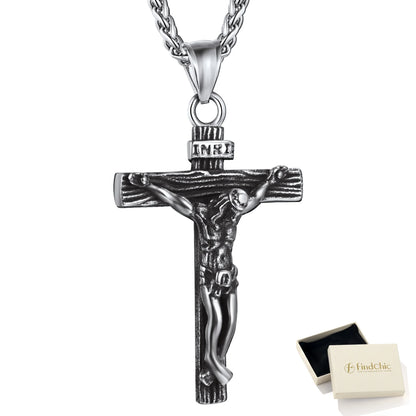 Men Cross Necklace Stainless Steel INRI Crucifix Pendant Necklace Jesus Piece Religious Praying Jewelry for Christian Dad Father'S Day Gift