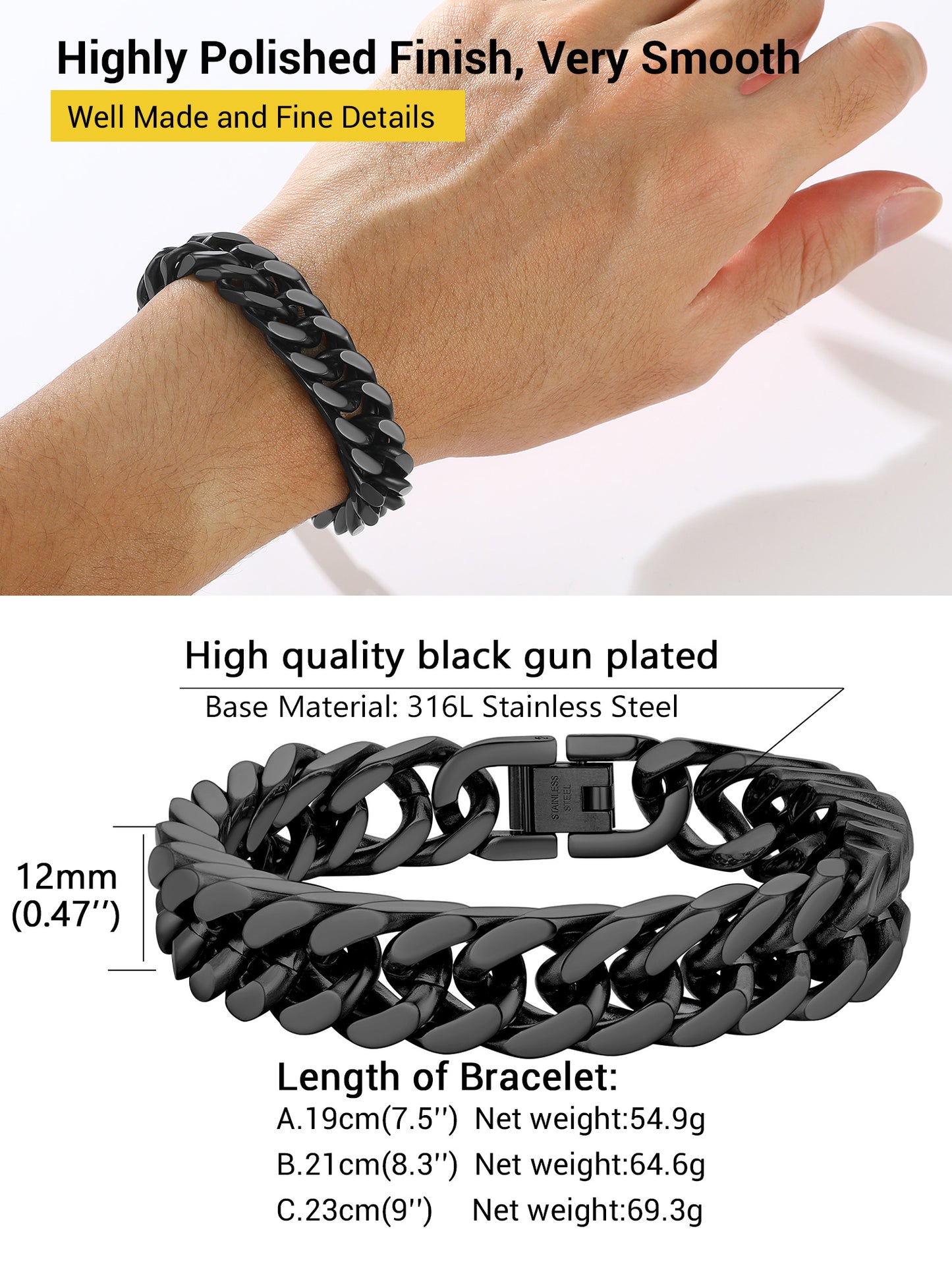 12Mm Cuban Chains Bracelets for Men Black Chunky Stainless Steel Franco Link Bracelet Father'S Day Hand Bracelet Jewelry Birthday Teen Graduation Gifts 7.5 Inch