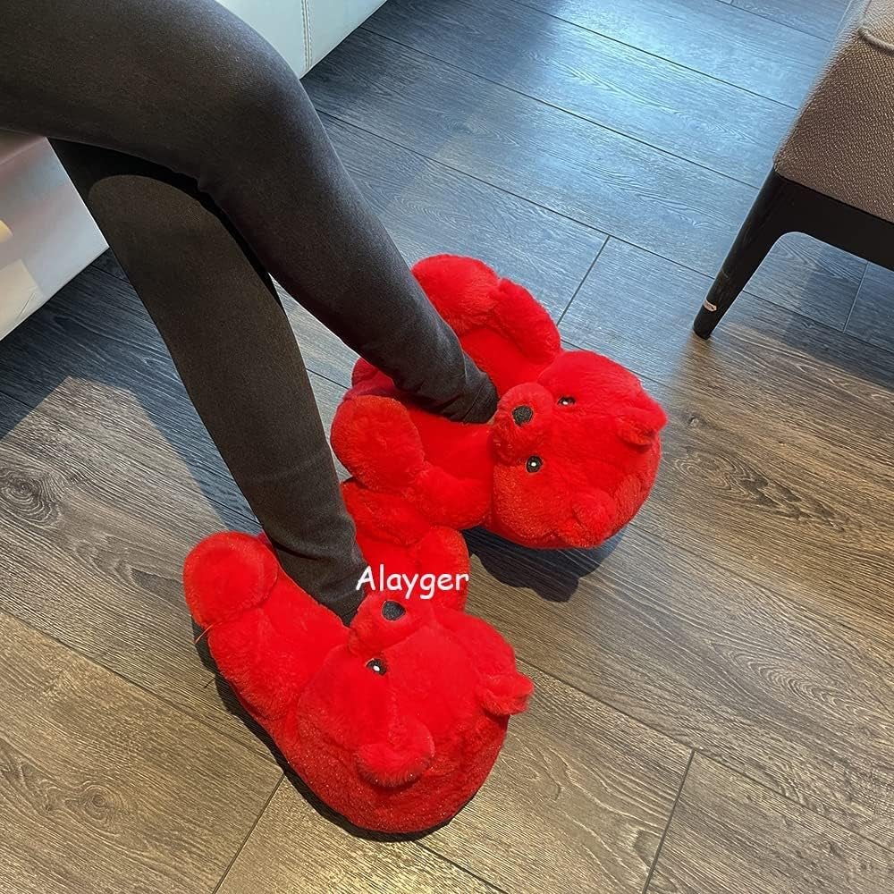 Women'S Plush Teddy Bear Slippers Home Indoor Soft Anti-Slip Cute Winter Warm Floor Shoes Slippers Cartoon