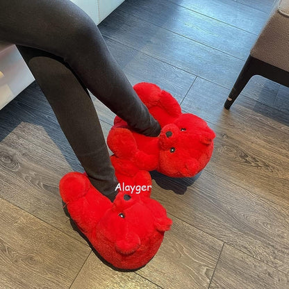 Women'S Plush Teddy Bear Slippers Home Indoor Soft Anti-Slip Cute Winter Warm Floor Shoes Slippers Cartoon