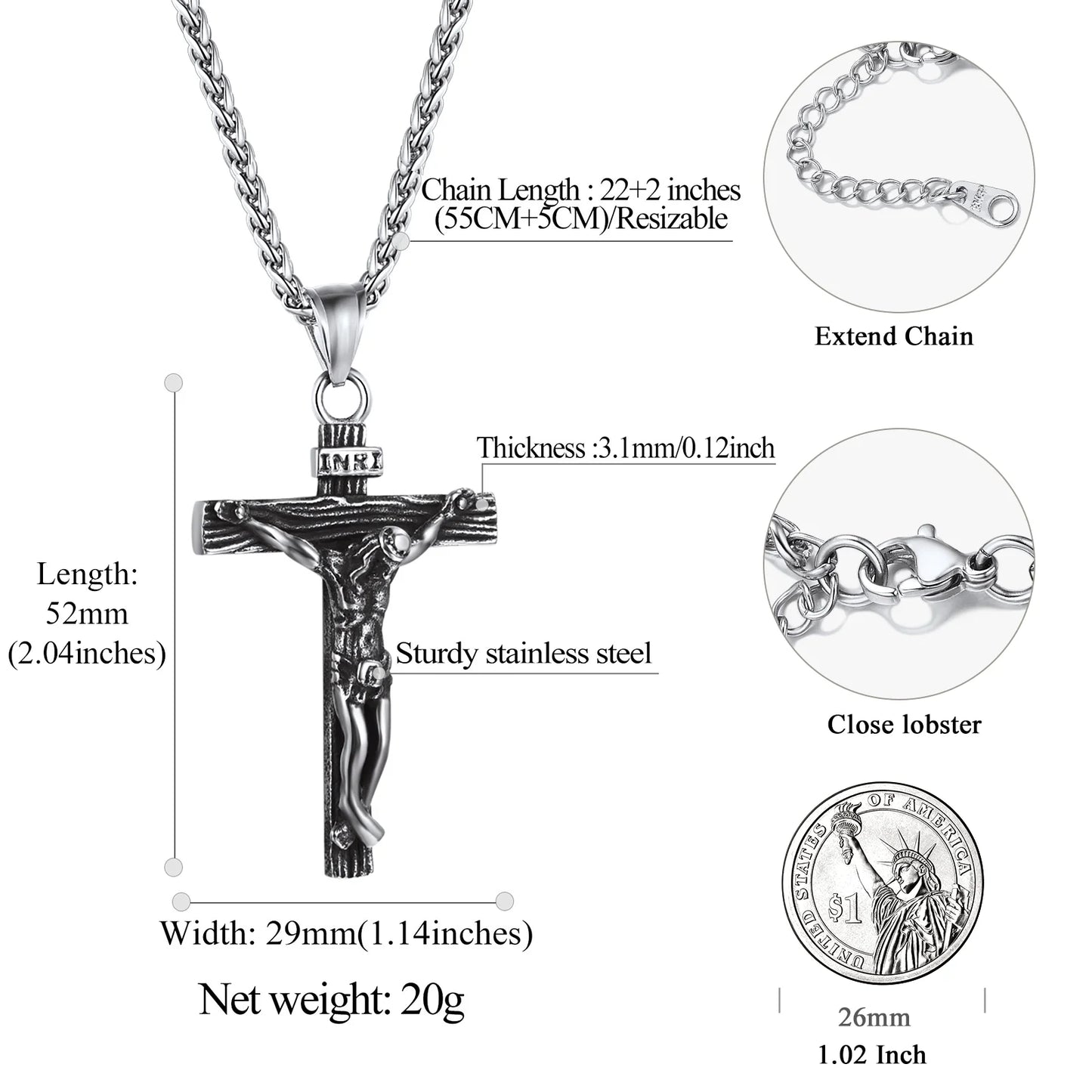 Men Cross Necklace Stainless Steel INRI Crucifix Pendant Necklace Jesus Piece Religious Praying Jewelry for Christian Dad Father'S Day Gift