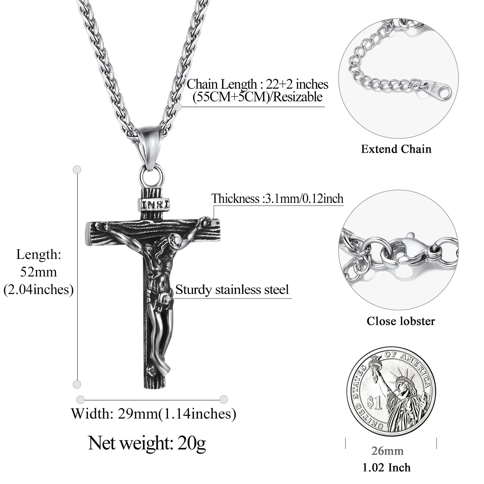 Men Cross Necklace Stainless Steel INRI Crucifix Pendant Necklace Jesus Piece Religious Praying Jewelry for Christian Dad Father'S Day Gift