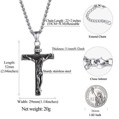 Men Cross Necklace Stainless Steel INRI Crucifix Pendant Necklace Jesus Piece Religious Praying Jewelry for Christian Dad Father'S Day Gift