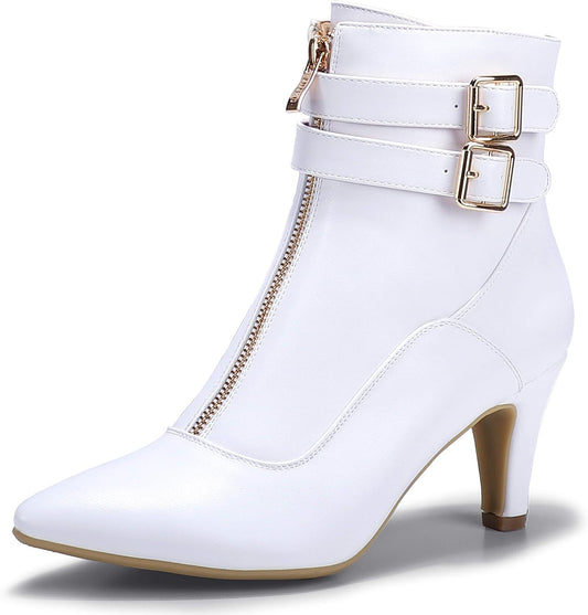 Women'S Pointed Toe Metal Buckle Two Strap Ankle Booties Side Zipper Kitten Heel Dress Classic Short Boots