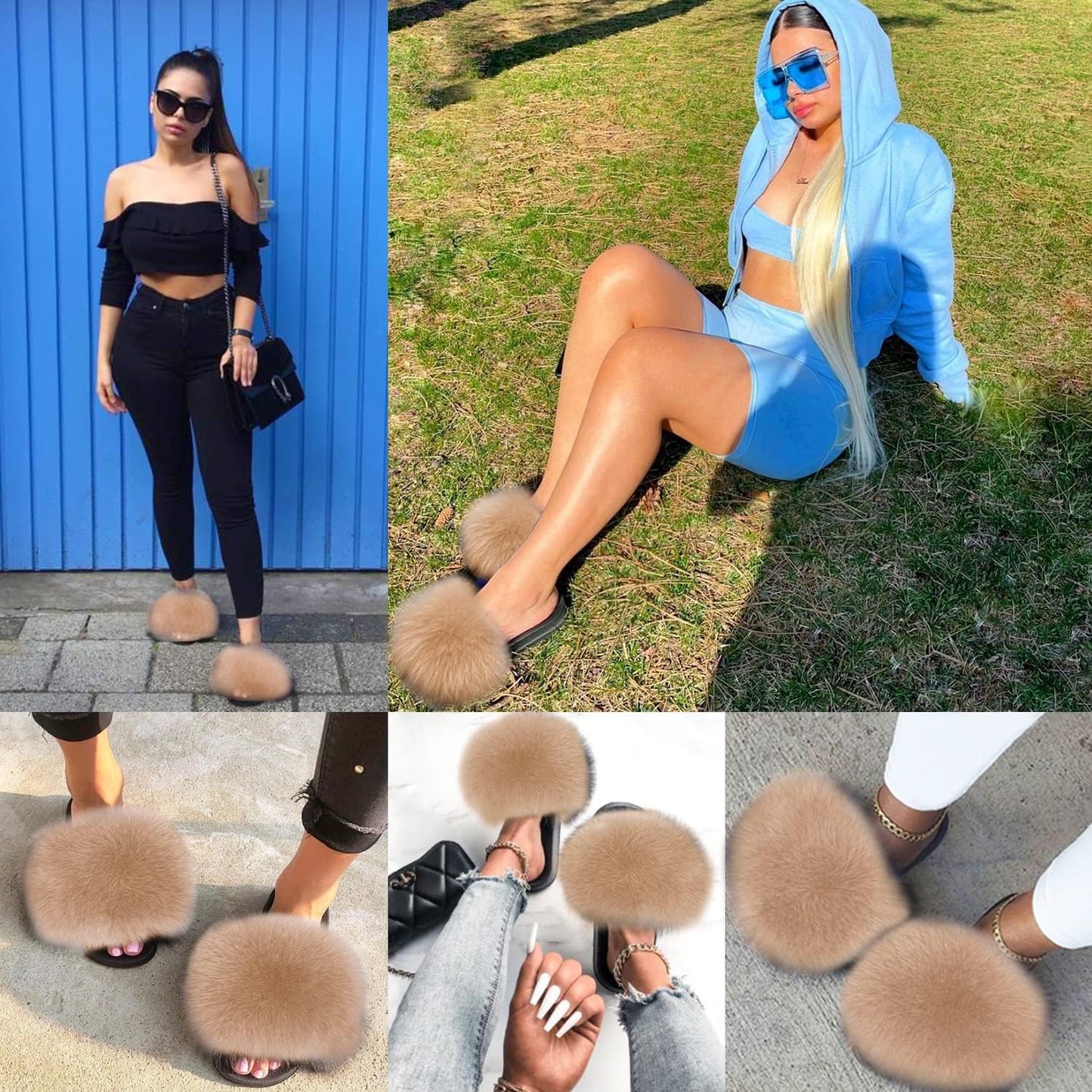 Real Fox Fur Slides for Women - Fluffy Fur Slippers Open Toe Flat Sandals for Outdoor